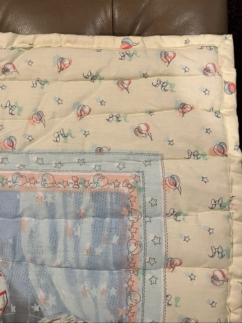 once upon a Time Teddy Bear Story Quilted Baby Blanket - Cream, Blue, Red